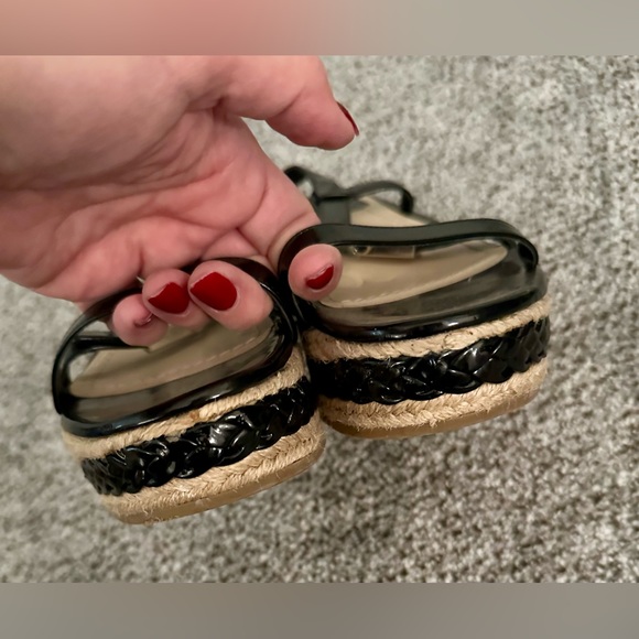 CHRISTIAN DIOR Size 40 9.5 Black Patent Leather Wedge Espadrille Low Sandals - Picture 7 of 10